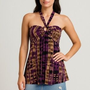 Vintage y2k Halter Top LARGE Purple Brown 2000s Retro Funky Abstract Longline‎